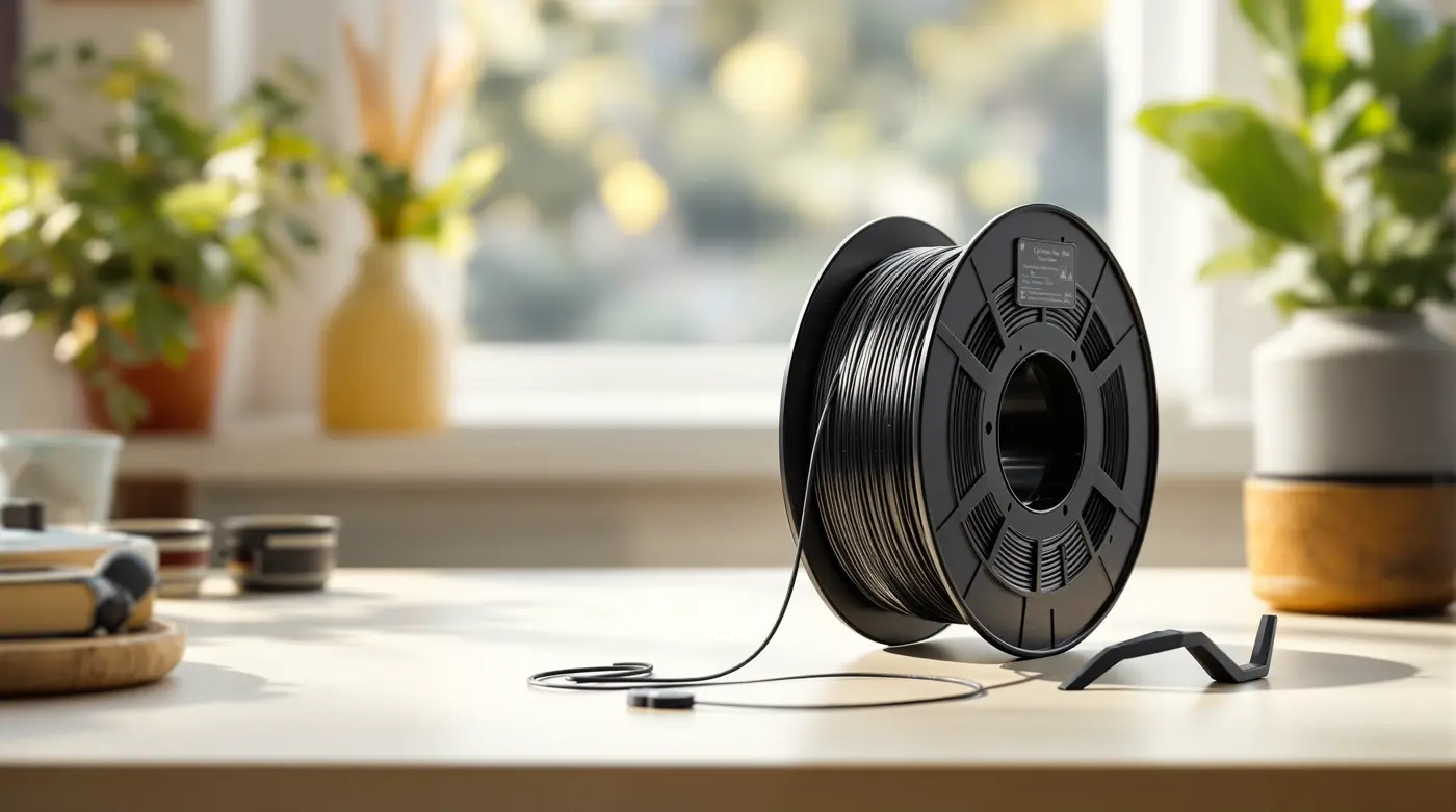 ASA-CF filament spool with a printed sample part in the same material