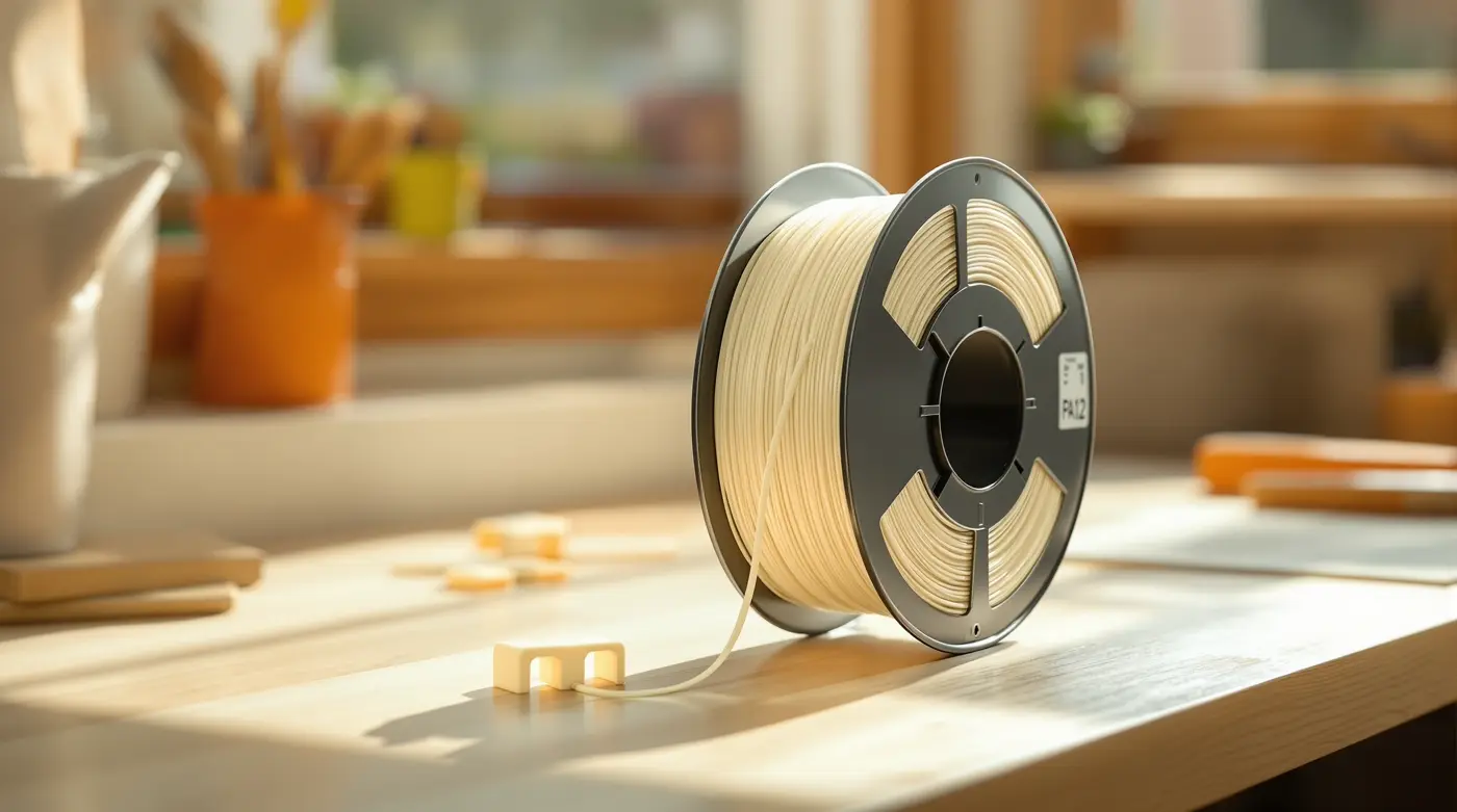 Nylon PA12 filament spool with a printed sample part in the same material