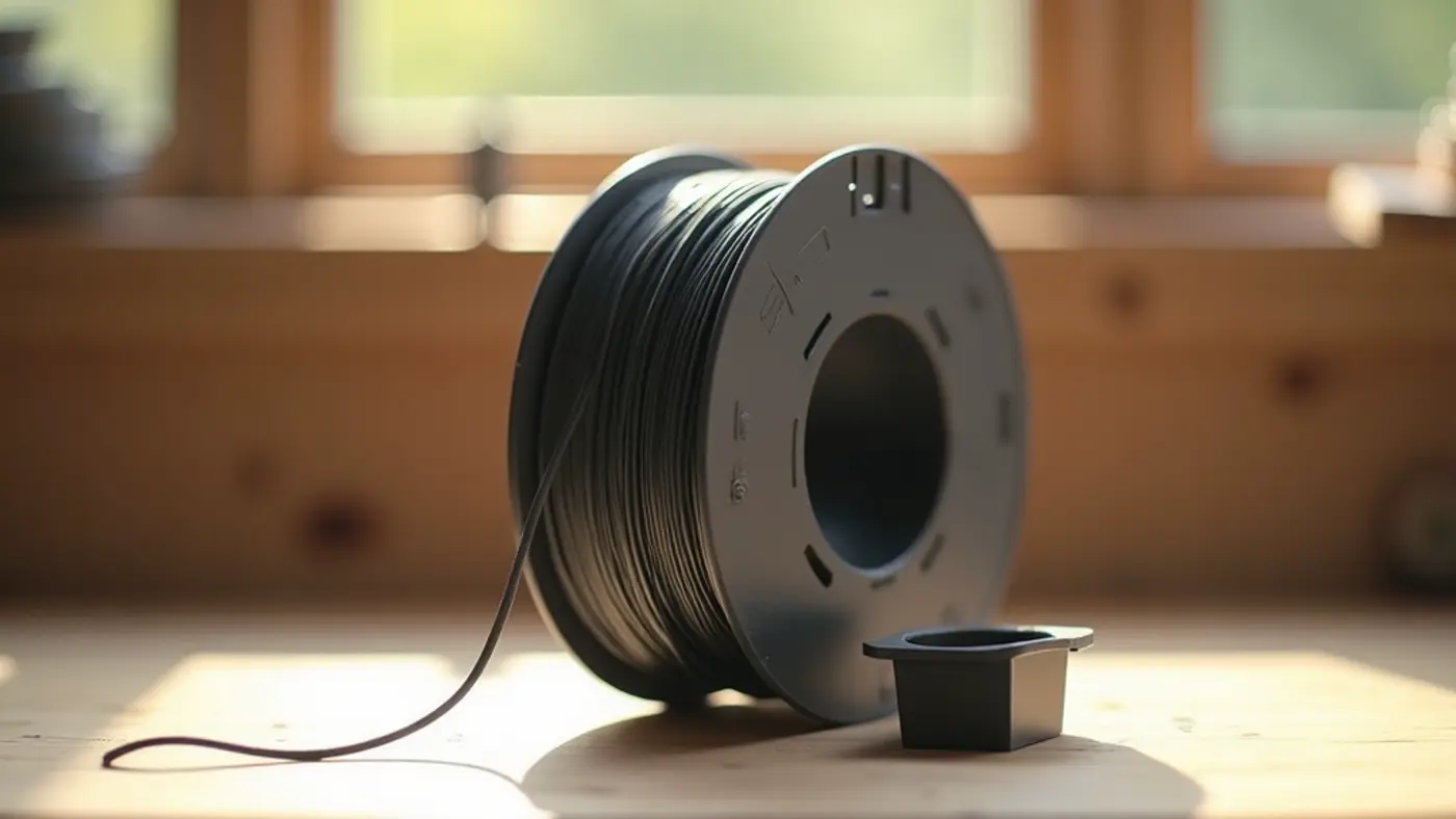PETG-CF filament spool with a printed sample part in the same material