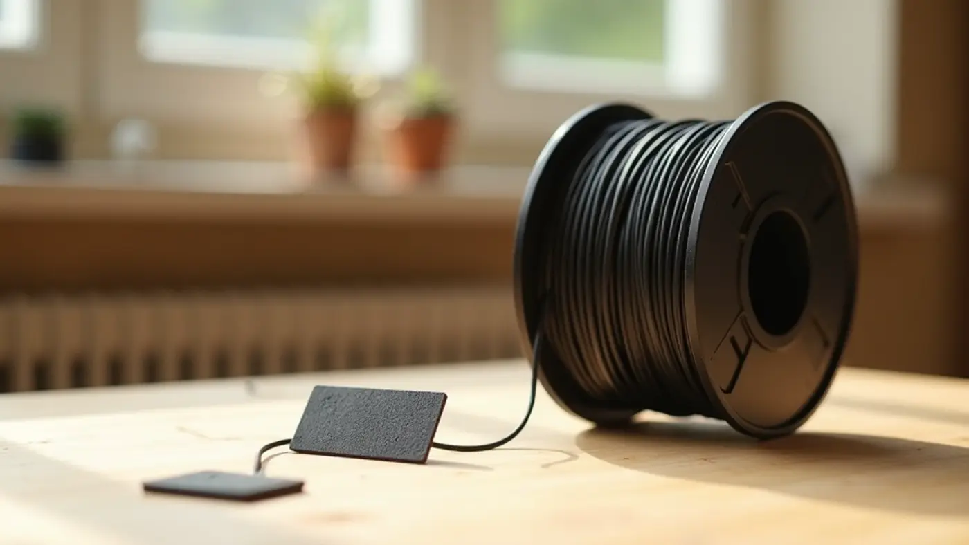PLA-CF filament spool with a printed sample part in the same material