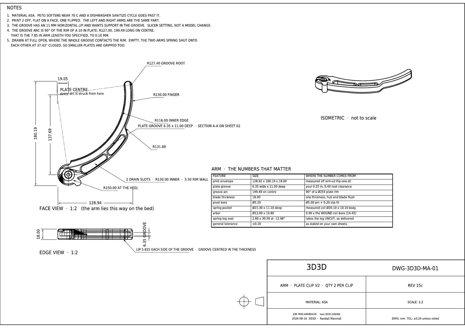 A dimensioned engineering drawing sheet of the arm, projected from the delivered STEP file